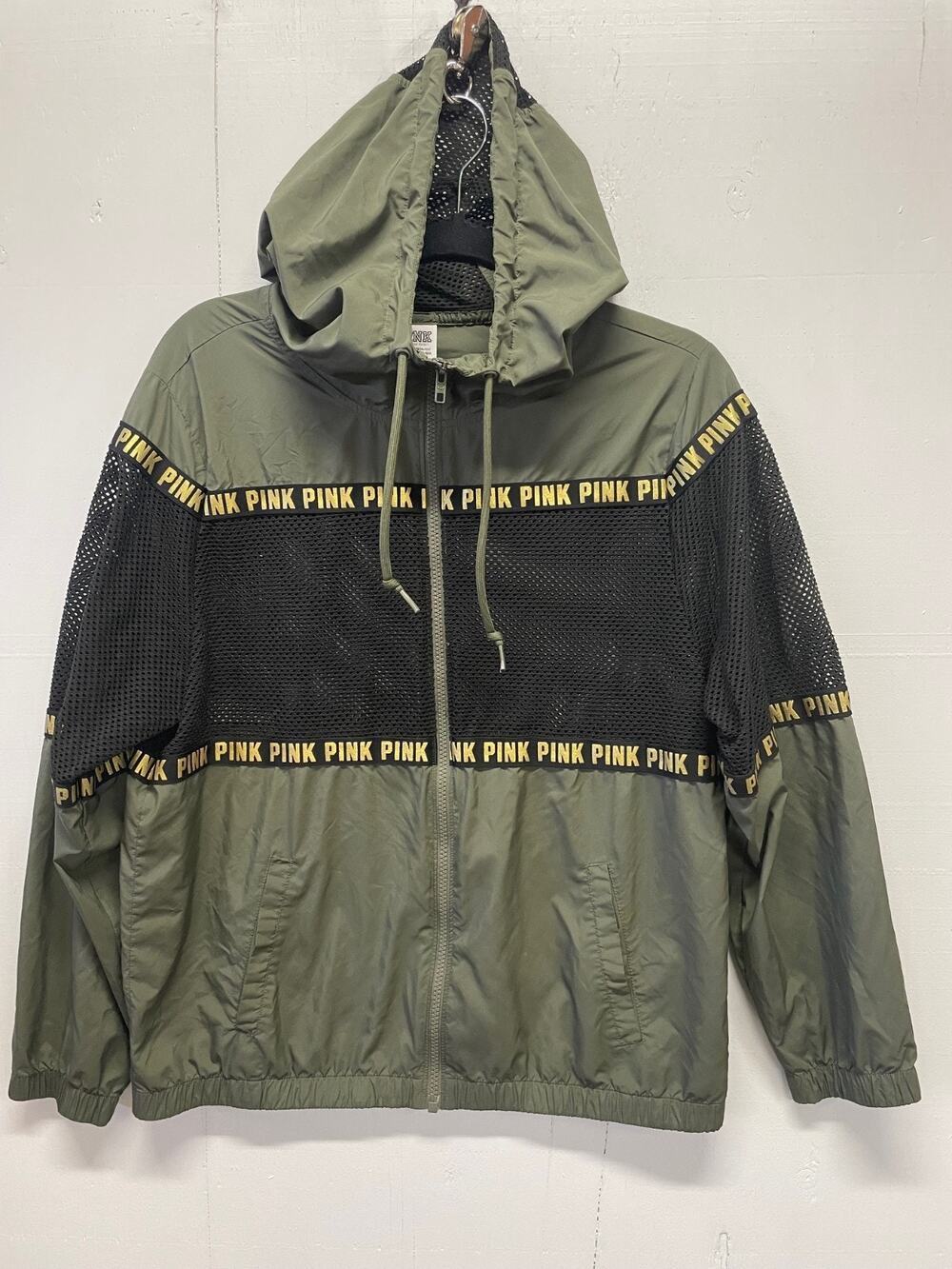 PINK Victorias Secret Black Gold Size XS Logo Zip Mesh Hooded Windbreaker Jacket